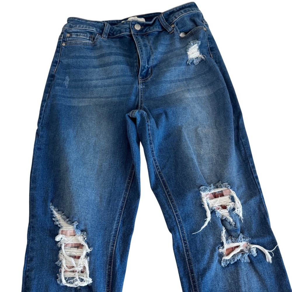 EST 1946 Denim Womens Distressed Plaid Patch Skinny Jeans Medium Wash Blue 12/31